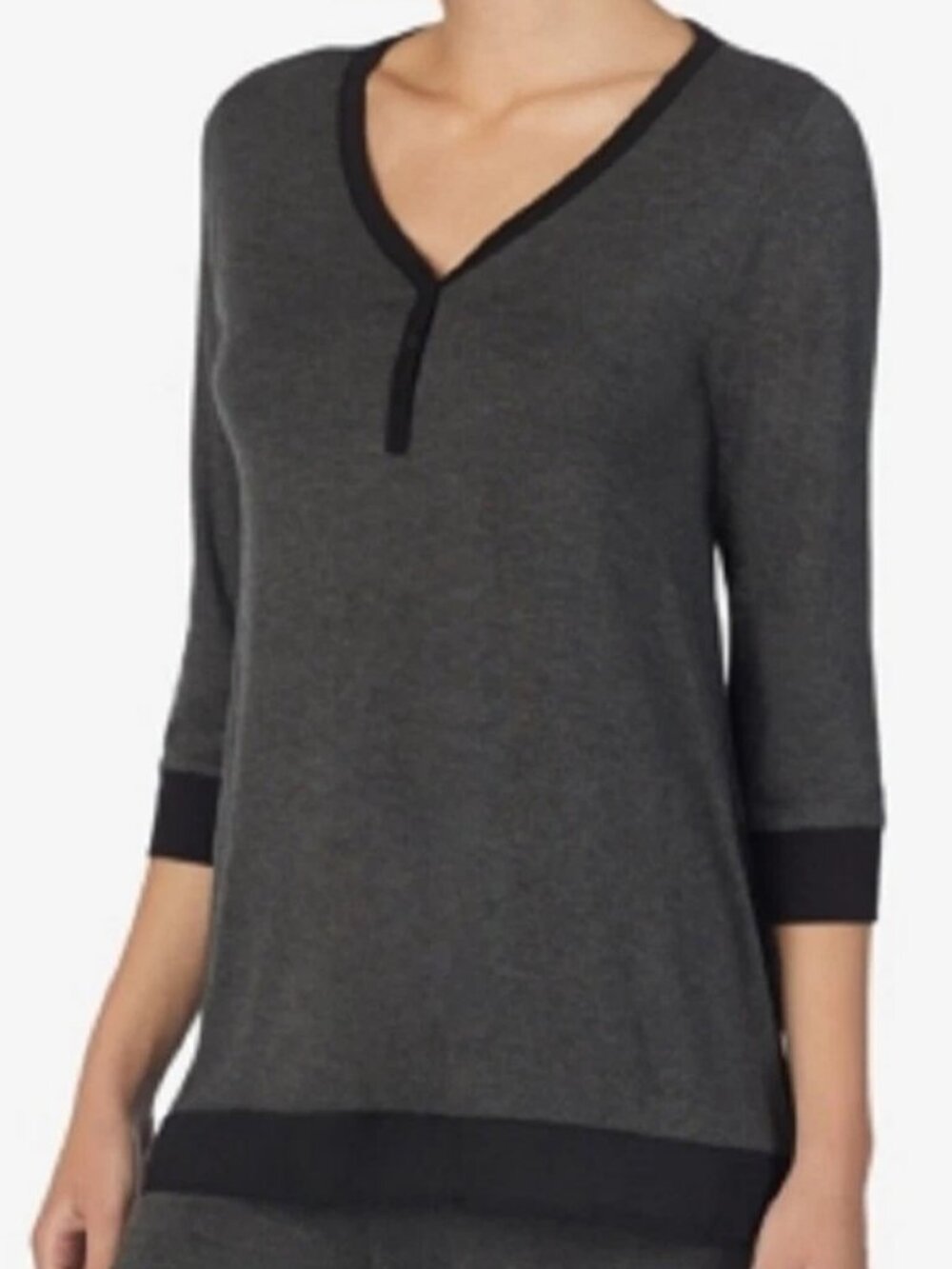 DKNY Women's Contrast Trim 3/4 Sleeve Lounge Pajama Top, Charcoal Gray, Medium